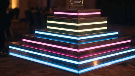 Books on a table illuminated by multicolored lights at night.の素材