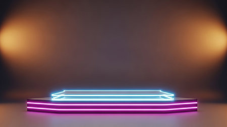 Neon podium in dark room. Mock up, 3D Renderingの素材