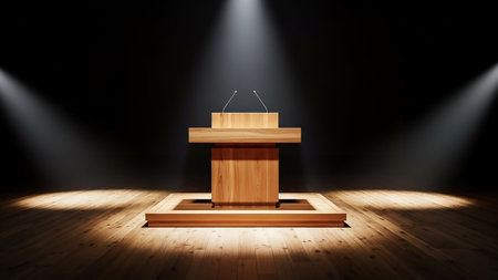 Wooden podium with microphone in empty room. 3D Renderingの素材