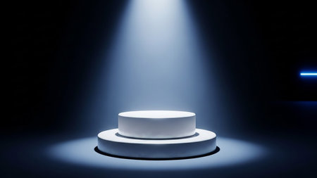 Stage Podium Scene for Award Ceremony illuminated with spotlight. Award ceremony concept.の素材