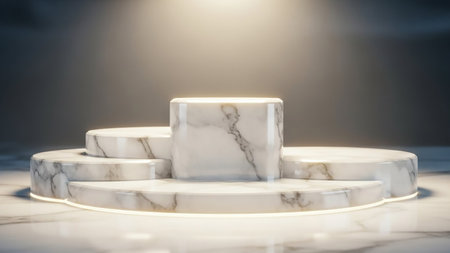 White marble podium on white marble background. 3D render illustration.の素材