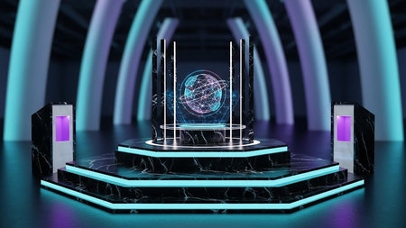 Abstract digital hologram of planet earth on blue background. 3d renderingの素材