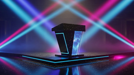 3d illustration of podium illuminated in blue and pink laser rays.の素材