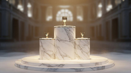 White marble pedestal with gold crowns. 3D rendering.の素材