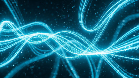 blue glowing particles form curved lines and surfaces. 3d render abstract backgroundの素材