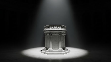 3d rendering of an ancient Greek column in a dark room illuminated by a spotlightの素材