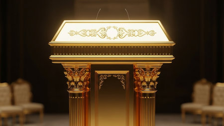 Golden Stage Podium Scene 3D Illustration Mockup Scene on Backgroundの素材