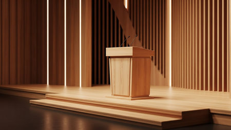 Wooden podium with a microphone on it. 3D rendering.の素材