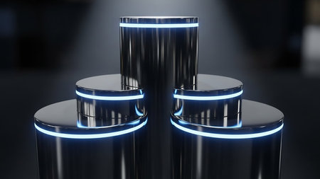 3d rendering of abstract pedestal podium with blue neon lights.の素材