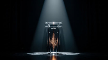 Glass podium on stage illuminated with spotlight. Award ceremony concept. 3D rendering.の素材