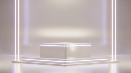 Wooden pedestal with luminous lamps. 3D rendering.の素材