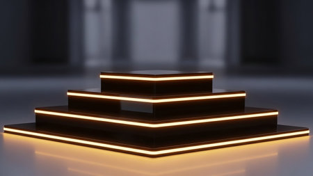 Podium illuminated with yellow neon lights. 3D render. Abstract background.の素材