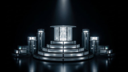 3d rendering of a podium in a dark room with lights and reflectionsの素材