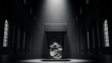 3d rendering of a stone podium in a dark room with a spotlightの素材