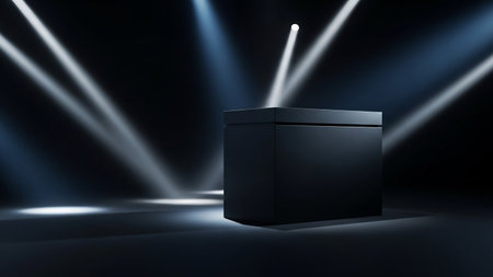 Black podium with spotlights on dark background. 3D Renderingの素材