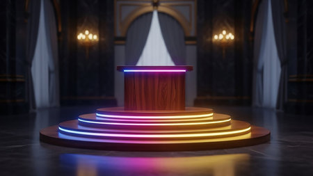 Pedestal with colorful lights, 3d rendering. Computer digital drawing.の素材