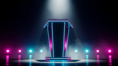 Stage podium with lighting, Stage Podium Scene with for Award Ceremony on a dark background with smoke, Fog and Lights. 3d renderの素材