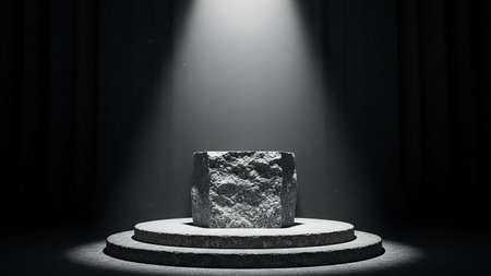 Stage Podium Scene for Award Ceremony illuminated by spotlight. Award ceremony concept. 3D Renderingの素材