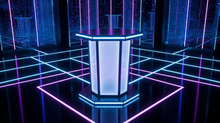 3d rendering of a podium with neon lights on the background of a futuristic cityの素材