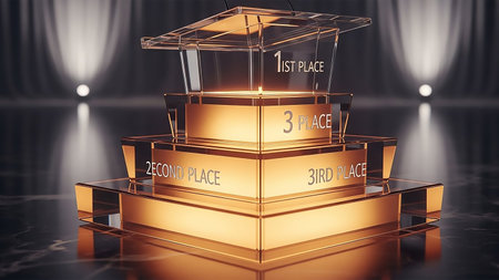 Stage podium with lighting, Stage Podium Scene with for Award Ceremony on Stage Background, 3D renderingの素材