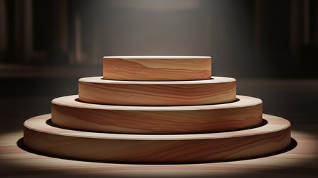 Wooden podium on a brown background. 3d rendering image.の素材