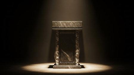 Empty stage illuminated with blue spotlight in dark room. 3D renderingの素材