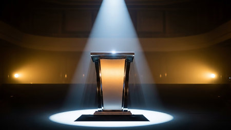 Stage podium with lighting, Stage Podium Scene with for Award Ceremony illuminated with spotlight.の素材