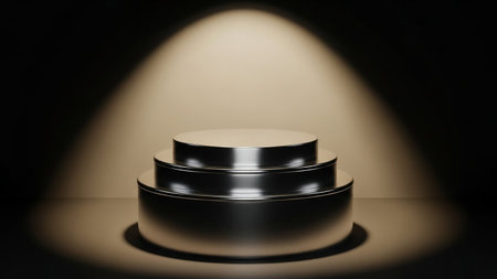 Black round podium on a black background. 3d render illustration.の素材
