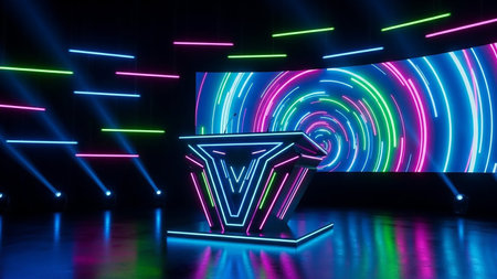3d rendering of abstract background with neon lights. Glowing neon tunnelの素材