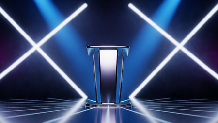Empty podium with spotlights on blue background. 3D rendering.の素材