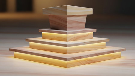 Wooden pyramid on the floor. 3D rendering. Computer digital drawing.の素材