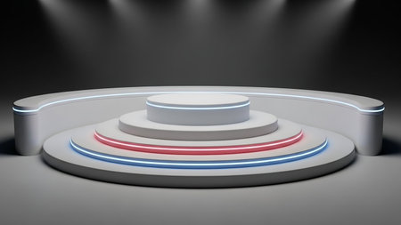 3d rendering of a round podium with neon lights in a dark roomの素材
