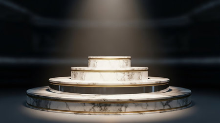 3d rendering of a white marble podium on a dark background.の素材