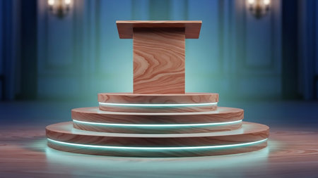 Wooden podium on a blue background. 3d rendering, 3d illustration.の素材