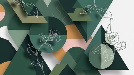 An abstract geometric design features overlapping shapes in various shades of green, brown, and blush pink. Stylized white line drawings of camellia flowers and leaves are overlaid on the geometric forms, creating a layered and intricate visual. The composition is balanced and modern, with a sense of depth created by shadows.の素材