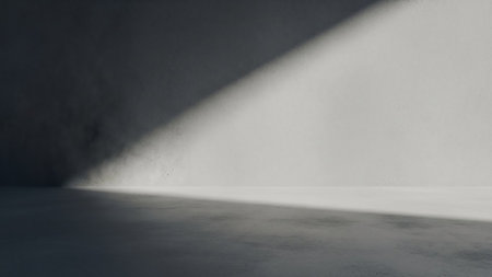 A minimalist interior space characterized by stark contrast between light and shadow. A strong diagonal beam of light falls across a textured concrete wall and floor, creating a dramatic and abstract composition. The scene is simple, clean, and modern, emphasizing form and light.の素材