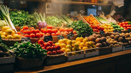 A vibrant display of fresh produce fills a market stall. Baskets overflow with ripe red tomatoes, bright yellow lemons, and earthy potatoes. Bunches of green lettuce, leeks, and other leafy vegetables are neatly arranged. The scene evokes a sense of abundance and healthy eating, with a warm, inviting atmosphere.の素材