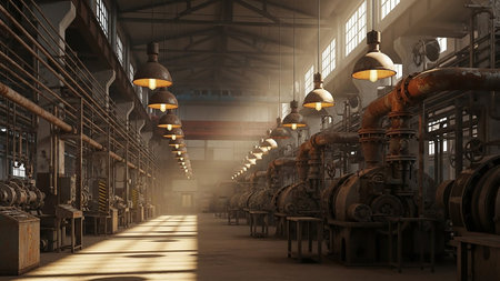 The interior of a vast, old industrial factory hall is depicted. Rows of large, rusty machinery and engines fill the space, connected by a complex network of pipes. Vintage pendant lamps hang from the ceiling, casting warm light that streams through large windows, creating dramatic shadows and highlighting the dusty atmosphere.の素材