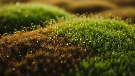 A detailed macro photograph captures the intricate texture of moss. The foreground shows a mix of brown and vibrant green moss, with numerous tiny water droplets clinging to the delicate structures. The background is softly blurred, emphasizing the miniature world of the mossy terrain.の素材