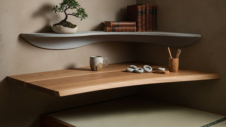 A minimalist corner workspace featuring a natural live-edge wooden desk and a floating shelf above. On the desk sits a ceramic mug, smooth stones, and a wooden holder with pens. A small bonsai tree adorns the shelf alongside a stack of vintage books. The scene is bathed in warm, natural light.の素材
