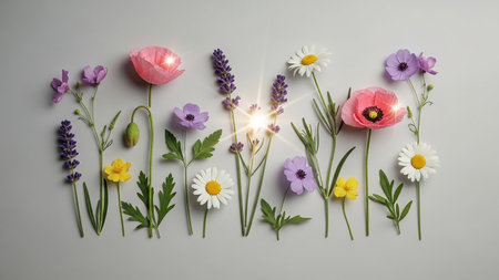 A vibrant assortment of various wildflowers, including poppies, lavender, daisies, anemones, and buttercups, arranged neatly on a plain white surface. Each flower is depicted with its stem and leaves, showcasing their natural beauty and distinct colors. The composition is a flat lay, viewed from directly above, with subtle light effects highlighting the petals.の素材