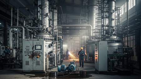 The interior of a large industrial chemical plant is depicted, featuring towering distillation columns, intricate pipework, and large storage tanks. A control panel with a screen is visible on the left. In the background, workers are present, and sparks from welding operations illuminate the scene. The overall atmosphere is one of heavy industry and chemical processing.の素材