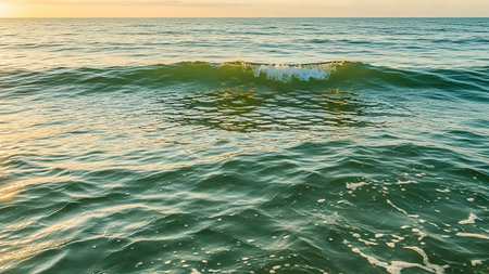 A gentle ocean wave crests and breaks with white foam against a backdrop of calm, rippling water. The scene is illuminated by the warm, golden light of a sunset, casting a soft glow on the water's surface and reflecting in the subtle textures and patterns of the sea. The horizon is visible in the distance under a pale sky.の素材