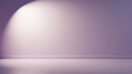 A minimalist empty room with a smooth, pastel purple wall and floor. A soft spotlight illuminates the upper left portion of the wall, casting a gentle gradient. The floor reflects the light and the wall, creating a serene and clean atmosphere. This image is suitable for product displays, presentations, or as a subtle background.の素材