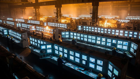 Energy showing industrial control room with rows of computer monitors keywords: industrial, control room, factory, technology, monitors, screens, computers, operators, workers, engineering, automation, modern, futuristic, data, information, glowing screens, illuminated, dark, interior, machinery, production, manufacturing, technology hub, digital, network, system, operation, surveillance, high-tech, industry, power plant, energy, communication, digital display description: an expansive...の素材