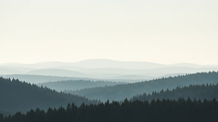 A serene and atmospheric landscape of a misty mountain range. Multiple layers of rolling hills covered in dark evergreen forests recede into the distance, gradually becoming obscured by a soft, pale mist. The sky above is a light, hazy gradient, creating a sense of depth and tranquility in the natural vista.の素材