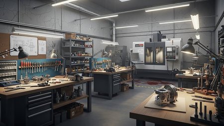 An interior view of a well-equipped industrial workshop. Multiple workbenches are filled with tools and components. A large CNC machine is visible in the background, alongside shelves stocked with supplies. Overhead fluorescent lighting illuminates the space, highlighting the concrete walls and organized layout.の素材