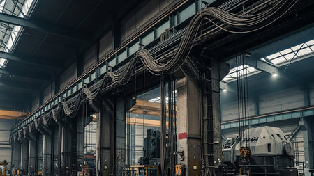 An interior view of a large industrial factory showcasing a complex network of wires, cables, and pipes running along overhead beams and concrete pillars. Large machinery and equipment are visible in the background, suggesting an active manufacturing or production environment. The scene is illuminated by industrial lighting, highlighting the utilitarian and robust nature of the space.の素材