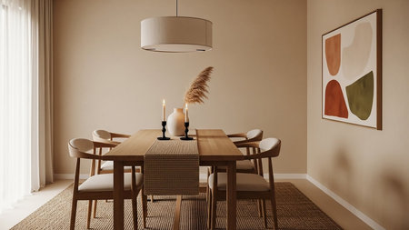 A minimalist and modern dining room with a neutral color palette. A light wooden dining table is set with a textured runner, two candles in black holders, and a vase with dried pampas grass. Six light wood chairs with beige cushions surround the table. A large, abstract painting with organic shapes in rust, green, and beige hangs on the beige wall. A woven rug lies beneath the table and chairs, and a sheer curtain covers a window on the left. A modern pendant light hangs from the ceiling.の素材