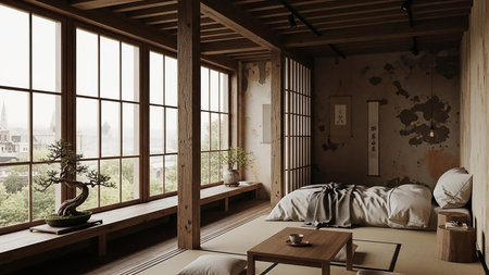 Bonsai showing japanese style bedroom with large windows and bonsai tree keywords: japanese room, tatami mat, futon bed, bonsai tree, wooden beams, shoji screen, low table, tea cup, interior, traditional, minimalist, serene, peaceful, natural light, large windows, city view, bedroom, meditation, zen, cozy, wood, architecture, interior design, tranquil, calm, aesthetic category: interiors. High resolution image suitable for commercial use.の素材